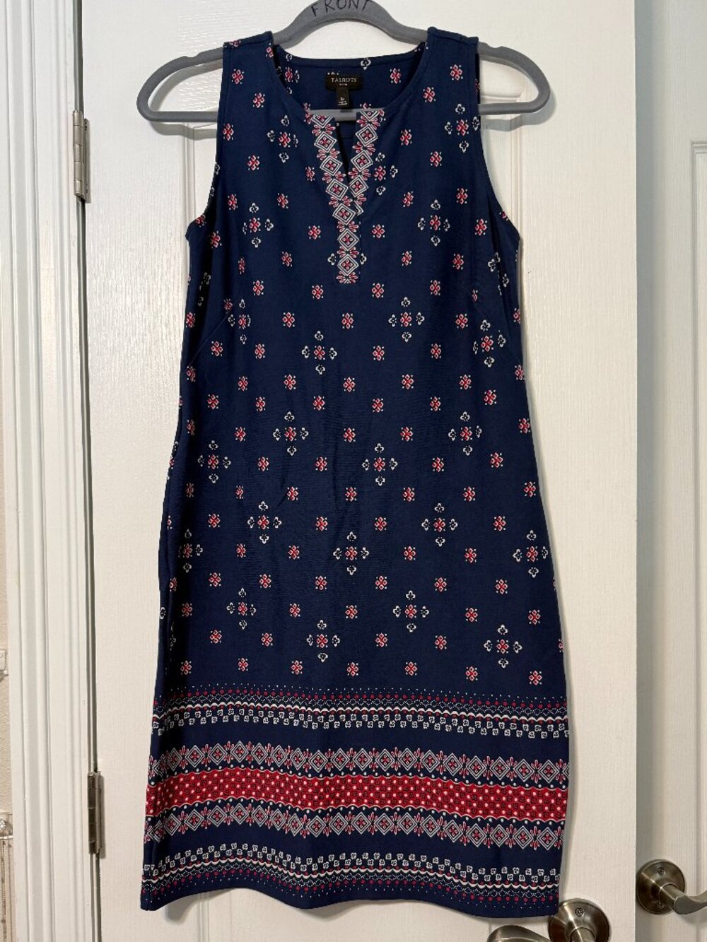 Talbots Petites Navy Geo Border Print Cotton Shift Dress SP